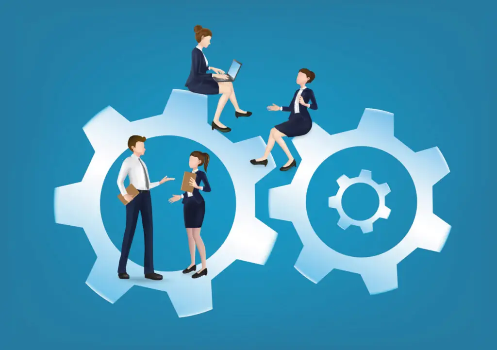 Illustratie van payrollmedewerkers die werken binnen de tandwielen van een organisatie, met uitleg over hun rechten, arbeidsvoorwaarden, en de rol van de payrollorganisatie als juridisch werkgever.