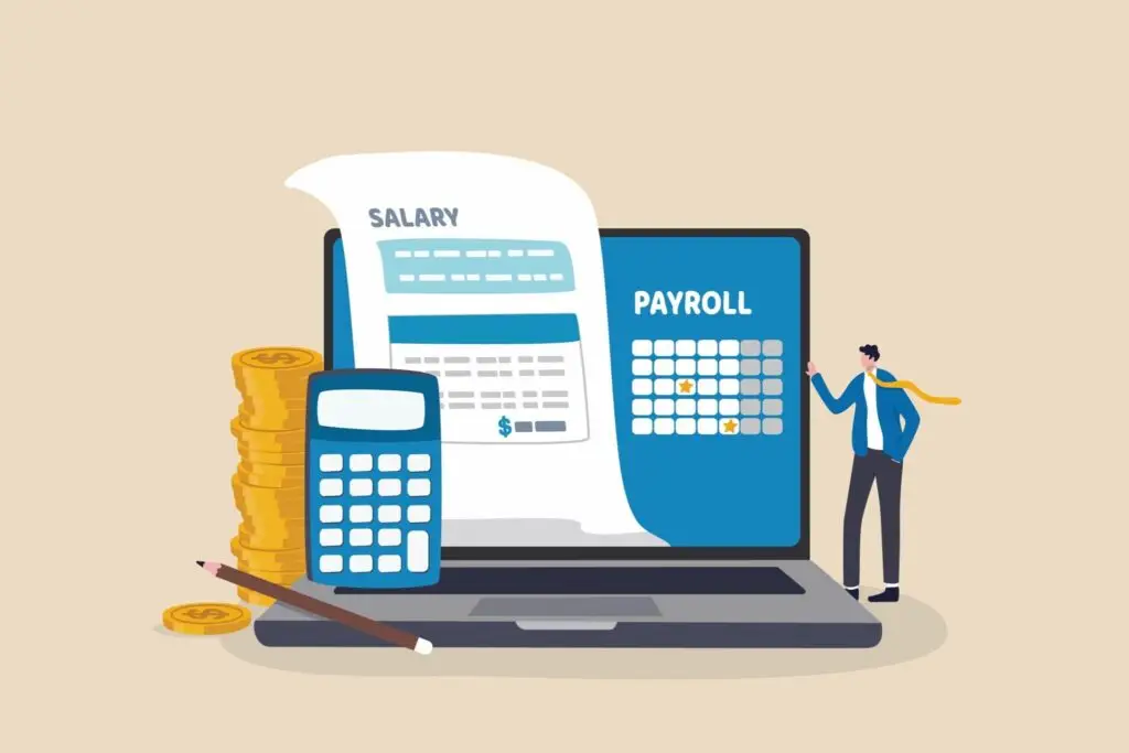 Illustratie van een payrollmedewerker die loonadministratie bijhoudt, met grafieken en salarissystemen, wat de voordelen van werken onder een payrollcontract benadrukt.