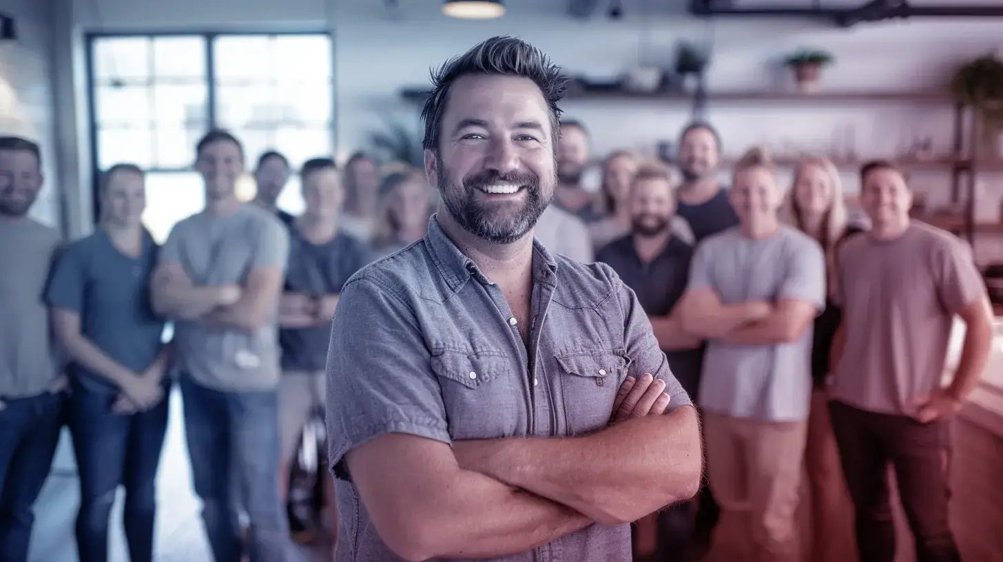 Zelfverzekerde man met een team van professionals op de achtergrond, symbool voor de backoffice ondersteuning voor intermediairs en uitzendbureaus.