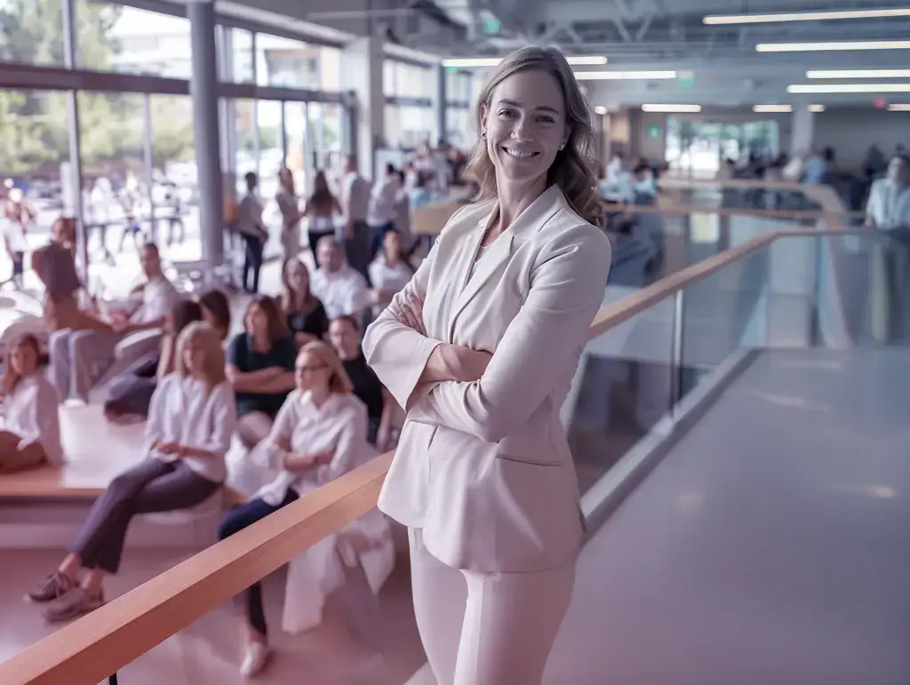 Zelfverzekerde vrouw in een zakelijke omgeving die de voordelen van payroll bij een payrollbedrijf presenteert, met een groep werknemers op de achtergrond.