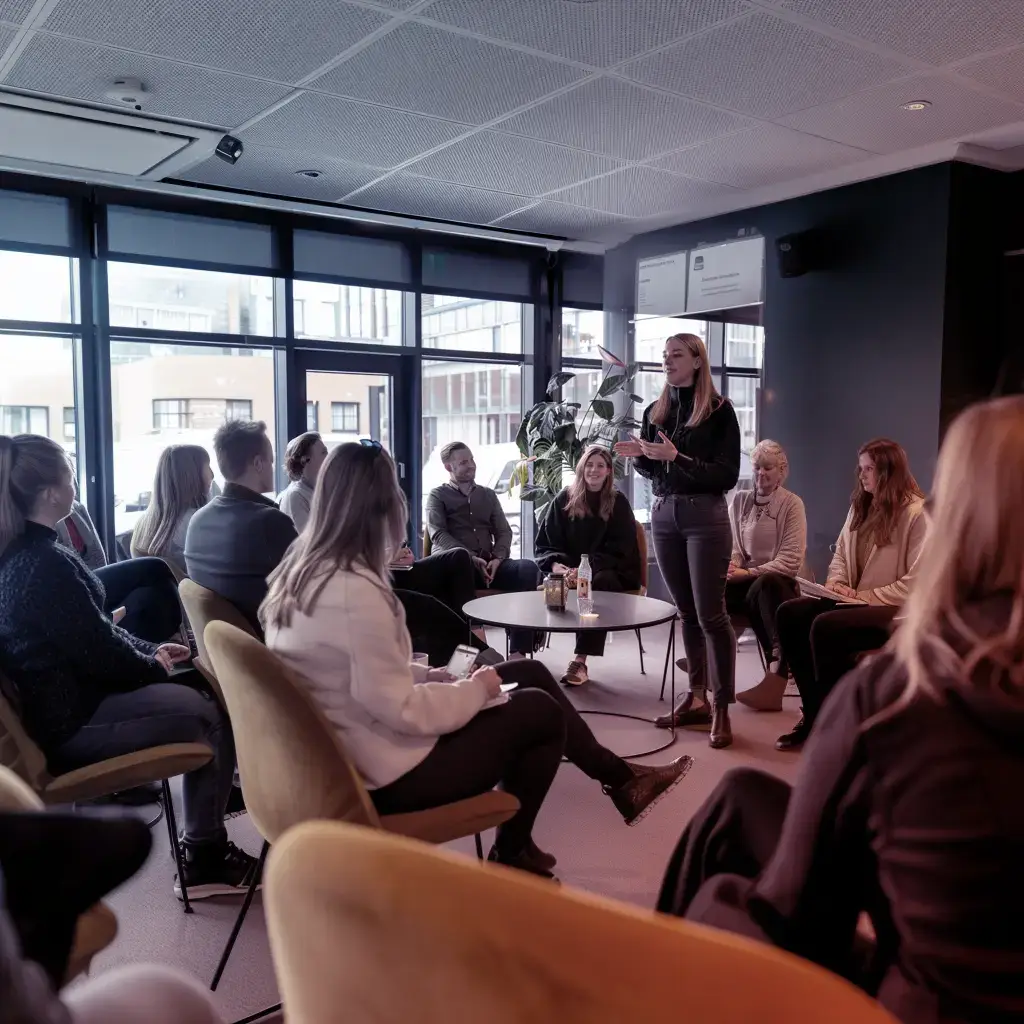 Een groep werkgevers in overleg tijdens een personeelsbeheer bijeenkomst, met een spreker die de groep begeleidt.