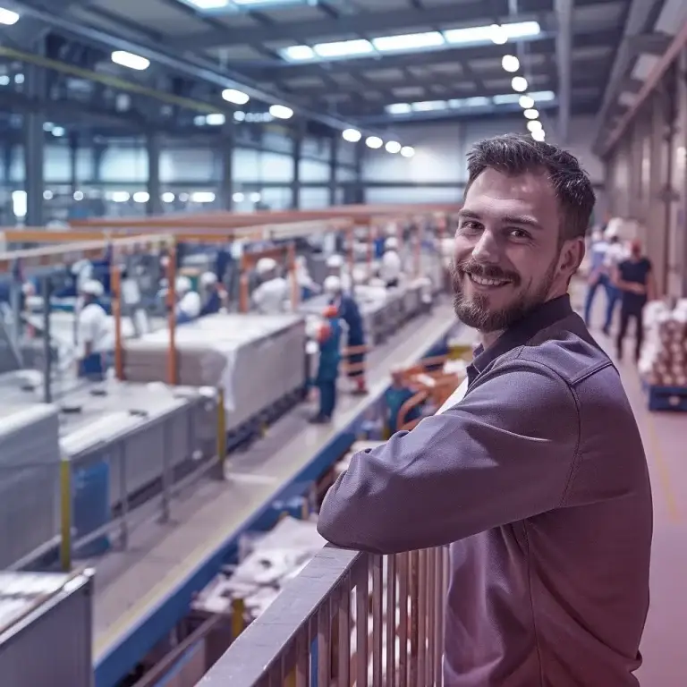 Vriendelijke man (medewerker) in een industriële omgeving die werving en selectie in de productie-industrie symboliseert, met een focus op maatwerk HR-diensten.