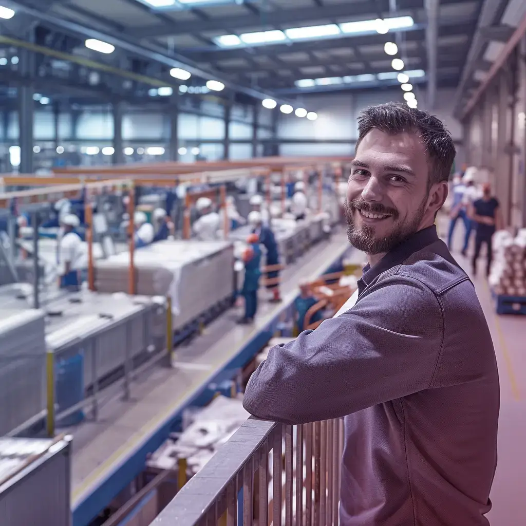 Vriendelijke man (medewerker) in een industriële omgeving die werving en selectie in de productie-industrie symboliseert, met een focus op maatwerk HR-diensten.